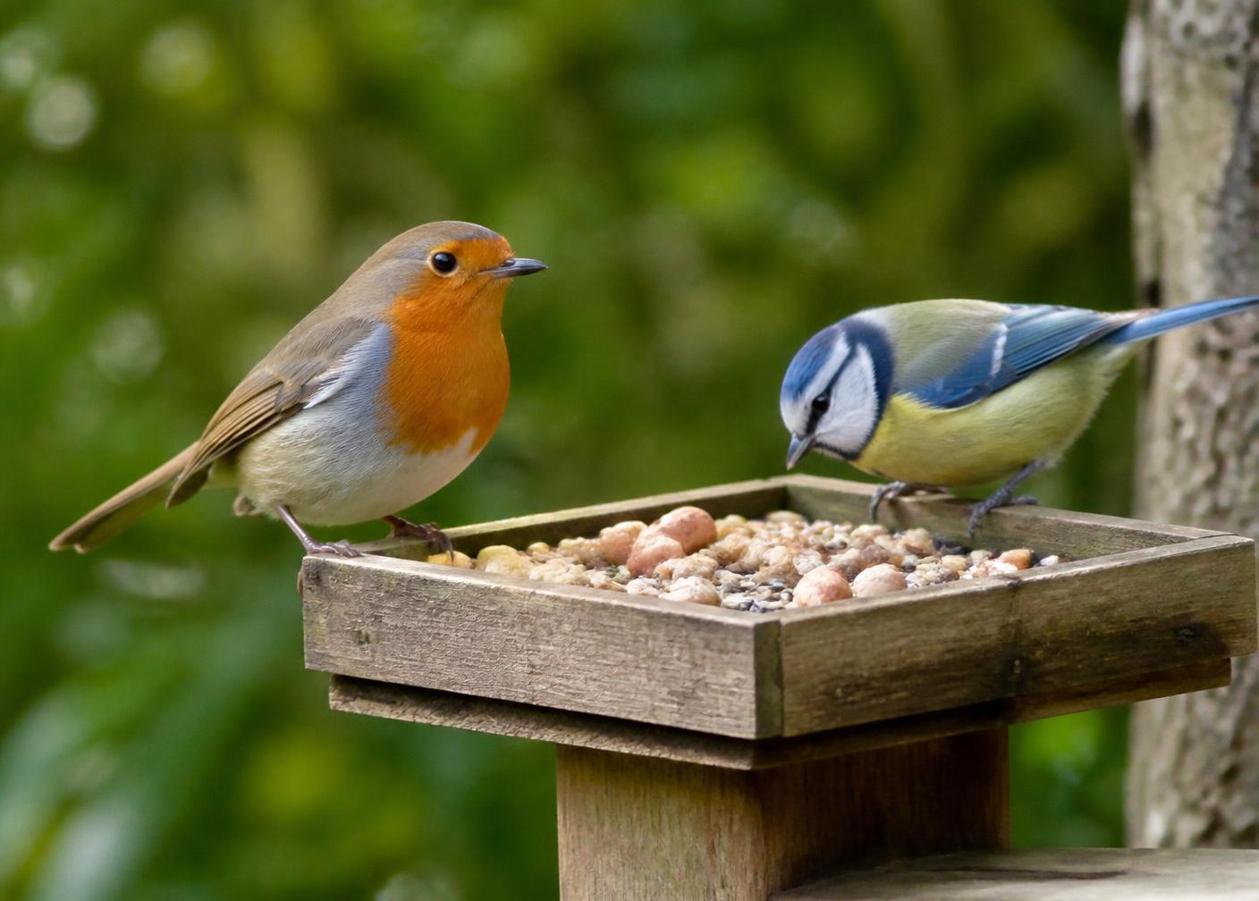 A robin and a blue tit feeding from a wooden bird table