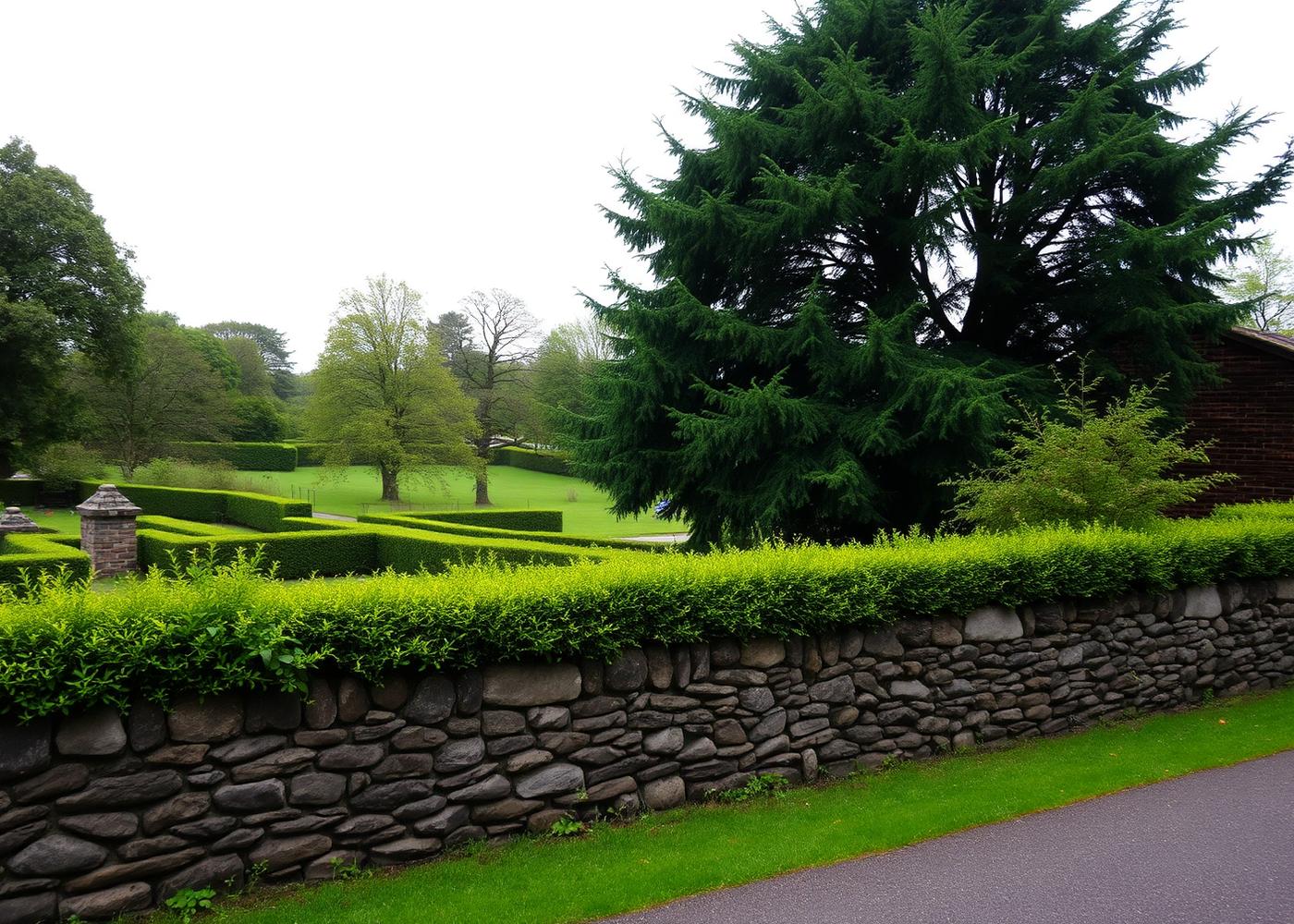 Northern Ireland garden with a stone wall, clipped hedging and mature trees